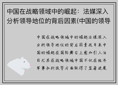 中国在战略领域中的崛起：法媒深入分析领导地位的背后因素(中国的领导者在决策时首要考虑的价值因素是)